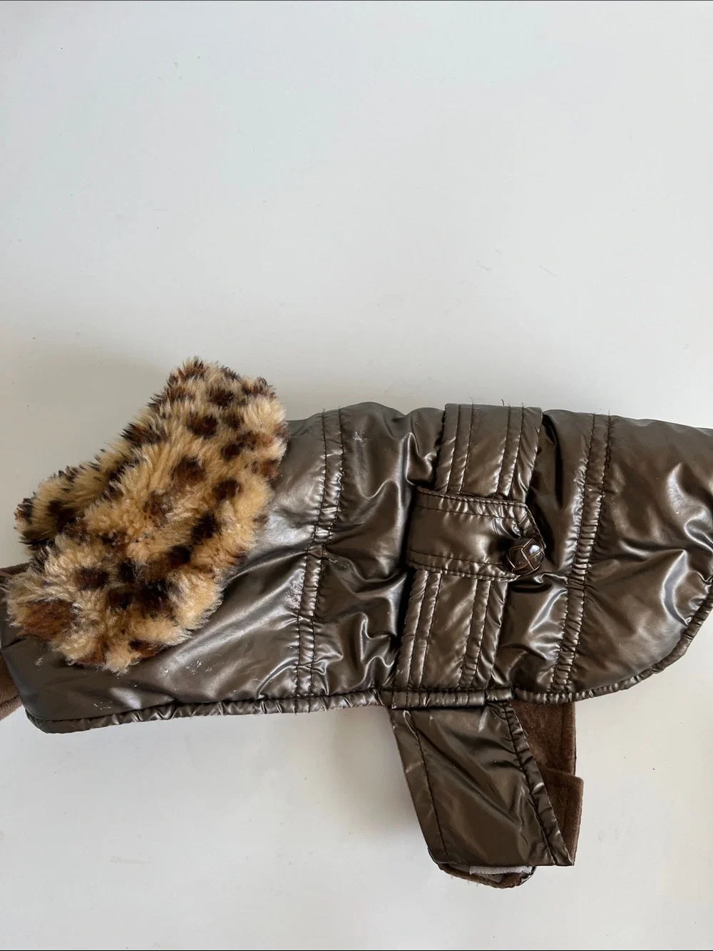 Metallic Brown Dog Puffer Coat with Faux Fur Leopard Collar